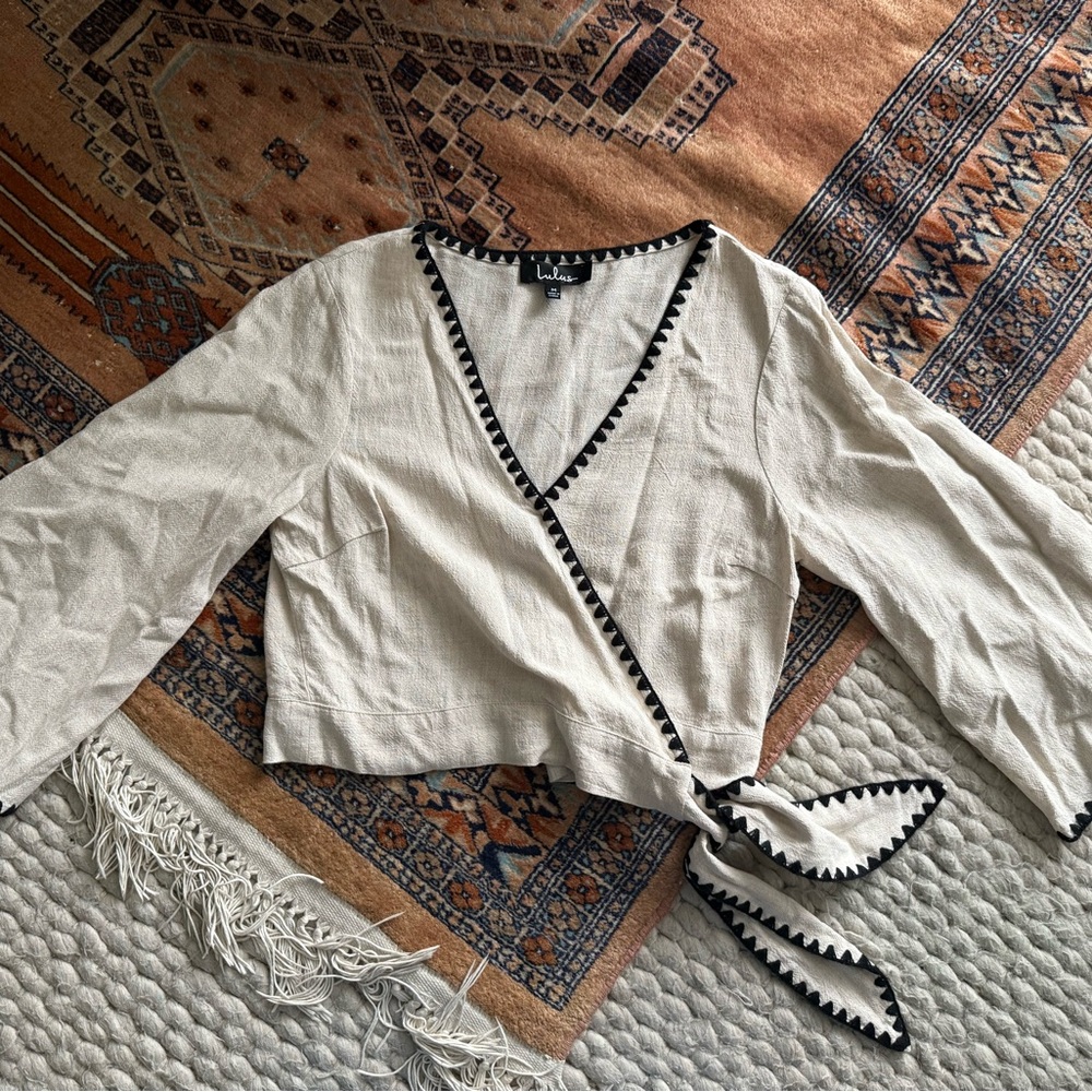 Lulu's Beige Wrap Blouse with Black Trim